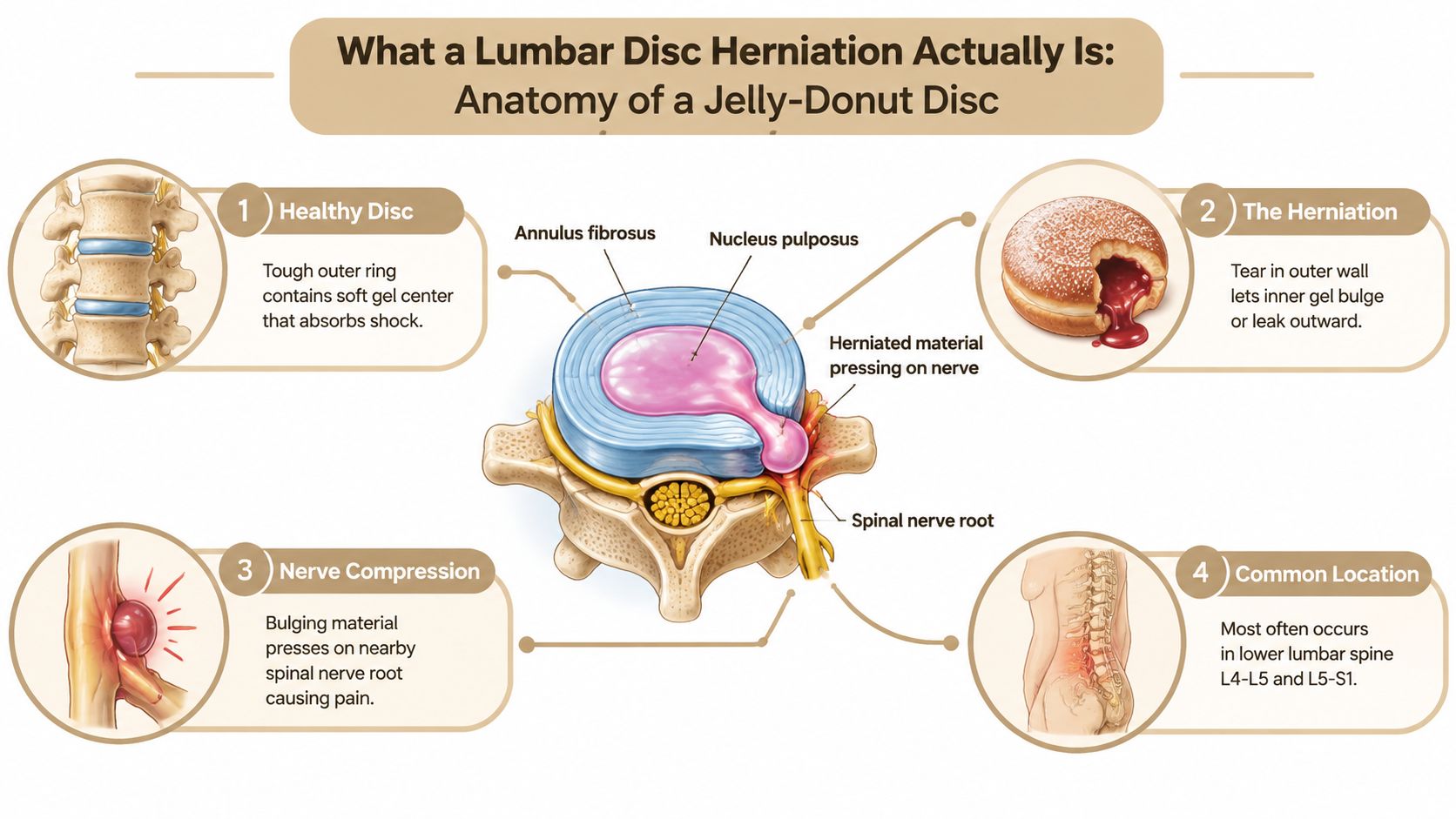 A diagram illustrating a lumbar disc herniation, comparing the spinal structure to a jelly-filled donut.