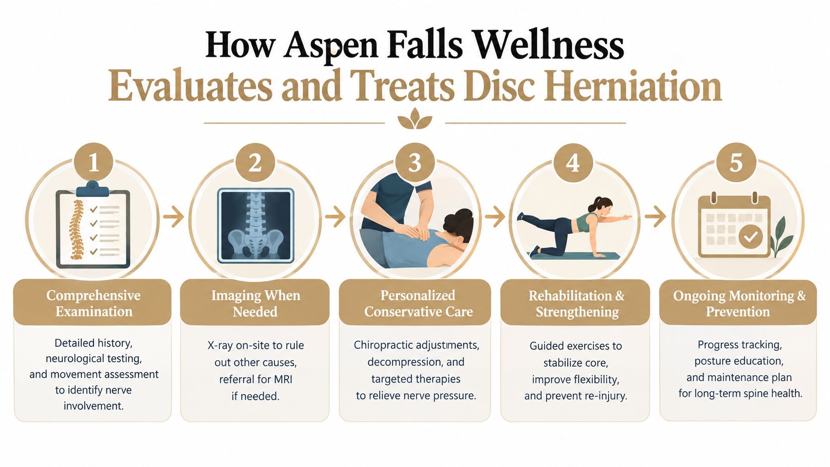 A five-step infographic showing how Aspen Falls Wellness evaluates and treats patients with disc herniation.