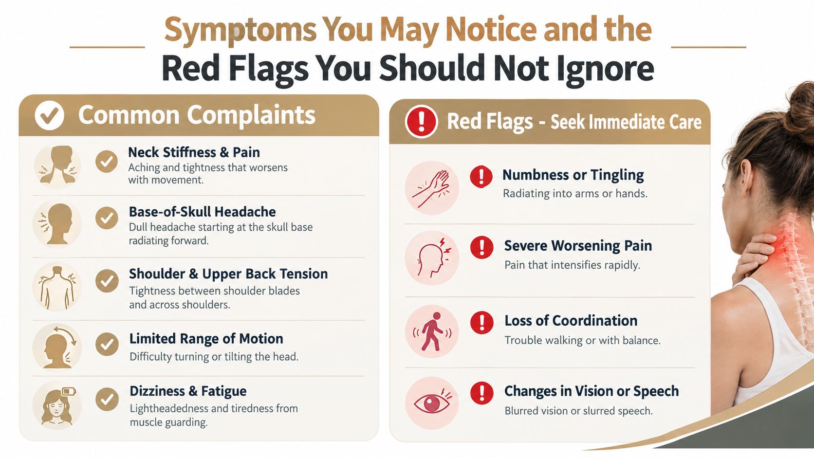 An infographic showing common neck pain symptoms and red flags that require immediate medical attention.