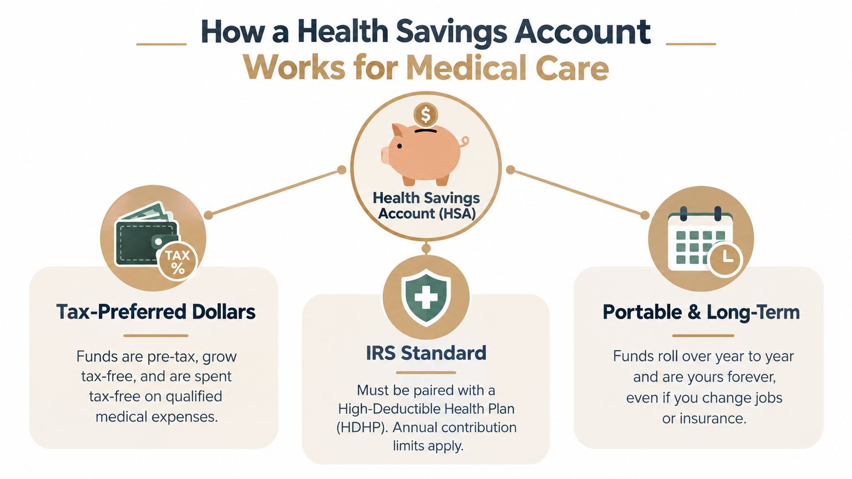 A diagram explaining how a Health Savings Account works for medical care expenses and tax benefits.