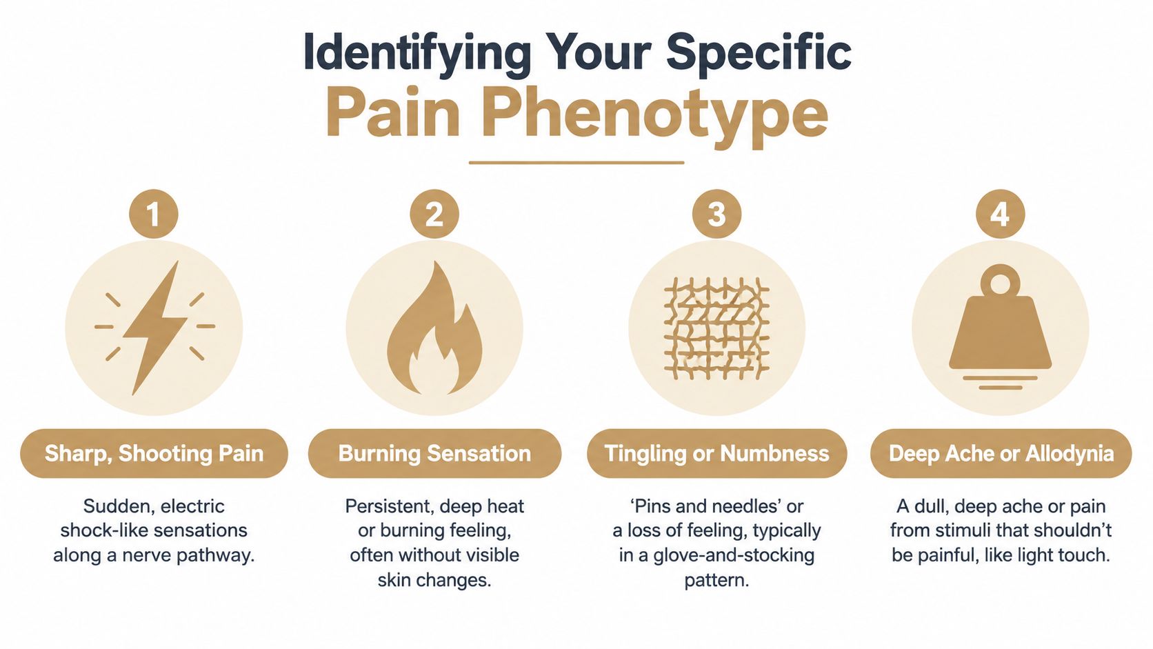 A visual guide identifying four types of nerve pain phenotypes, represented by icons and descriptive text.