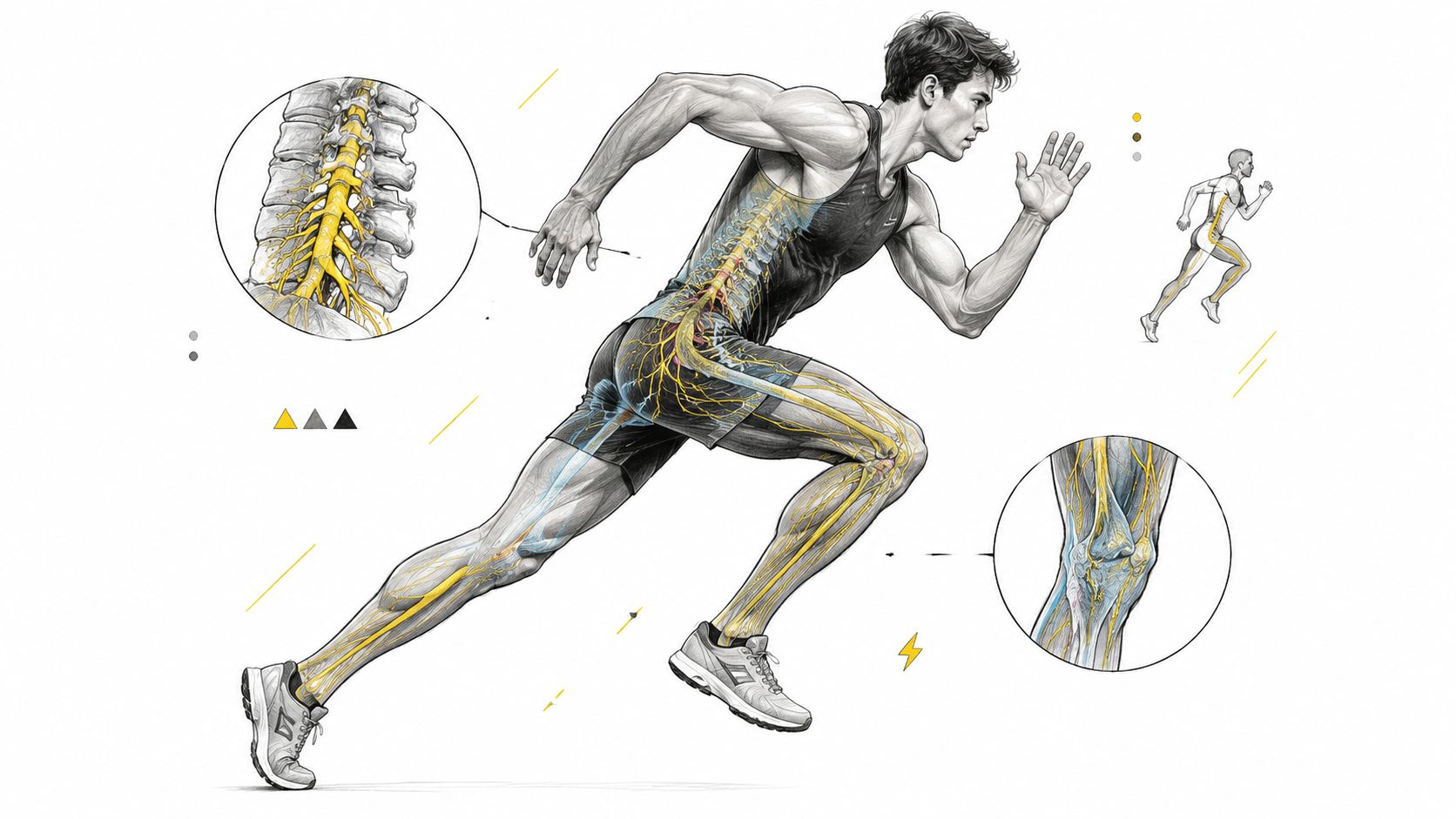 A diagram of a human runner highlighting the nervous system and spinal nerves in yellow color.