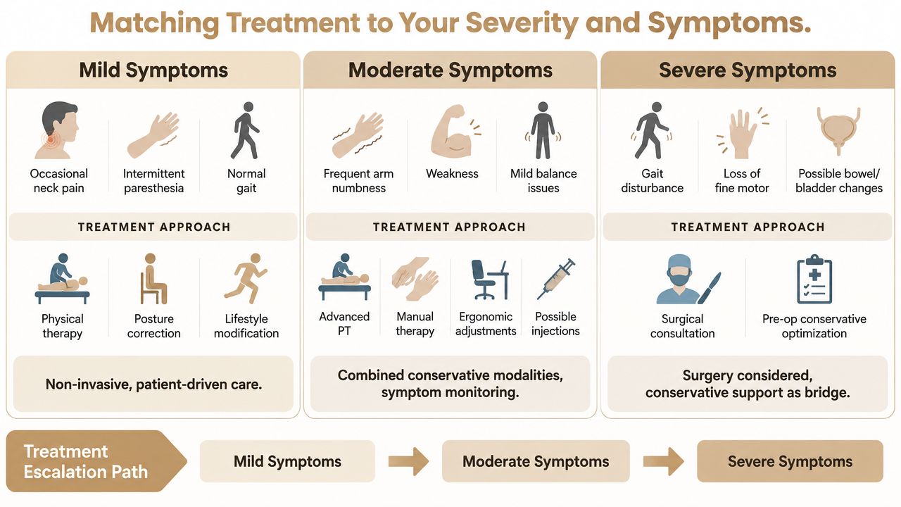 A chart detailing treatment options for cervical stenosis categorized by mild, moderate, and severe symptom levels.
