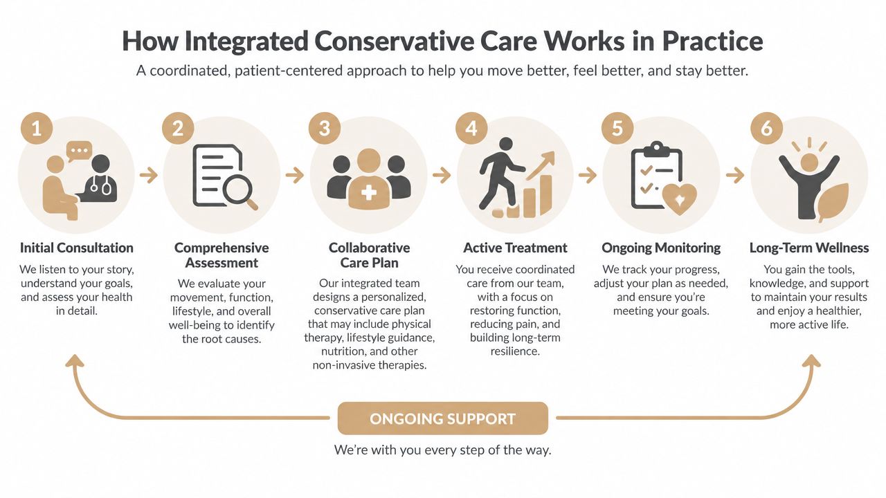 A six-step infographic illustrating a patient-centered, coordinated approach to integrated conservative care for improved health and wellness.