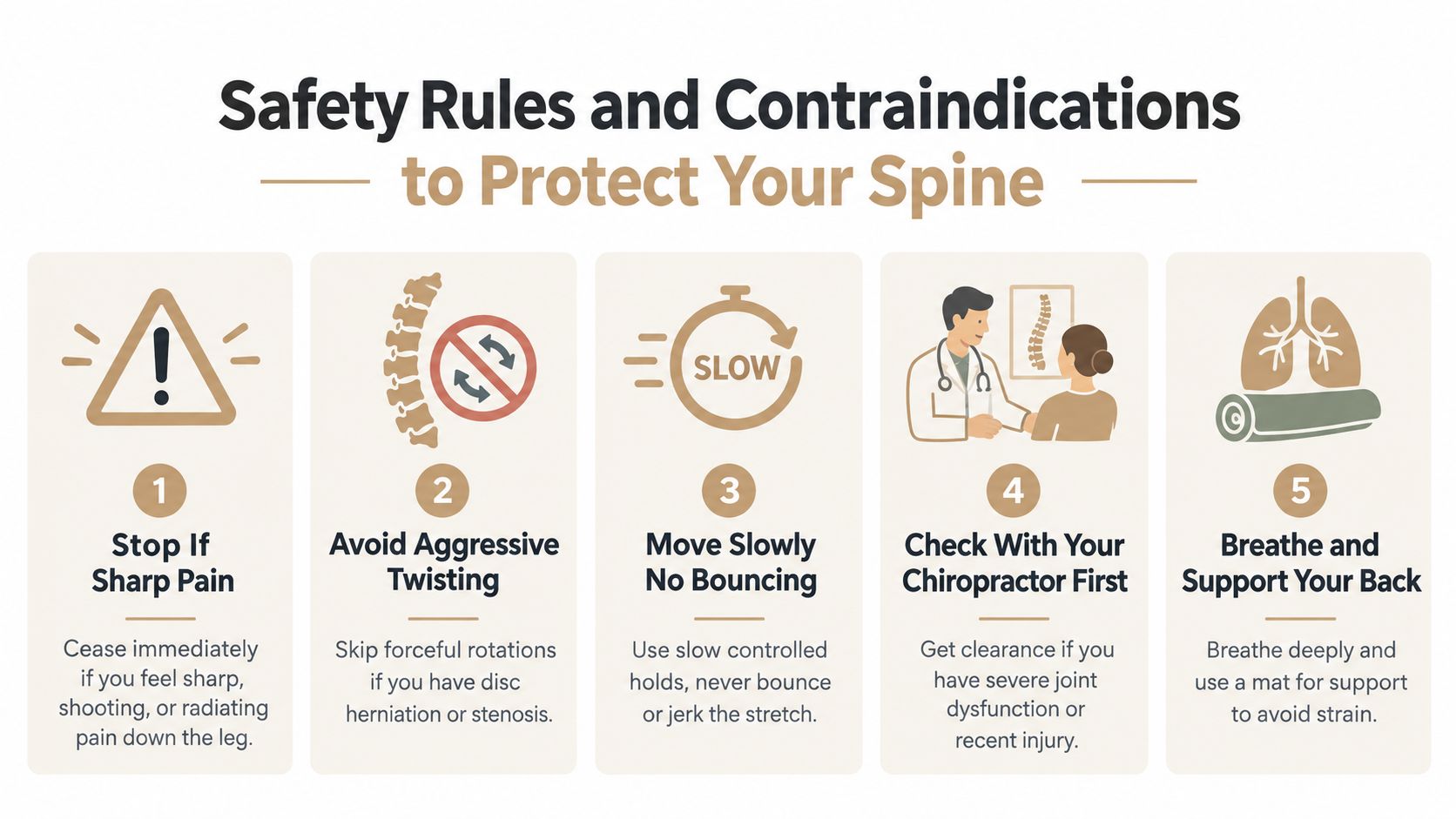 A safety guide infographic illustrating five essential rules to follow when performing spinal stretches and exercises.