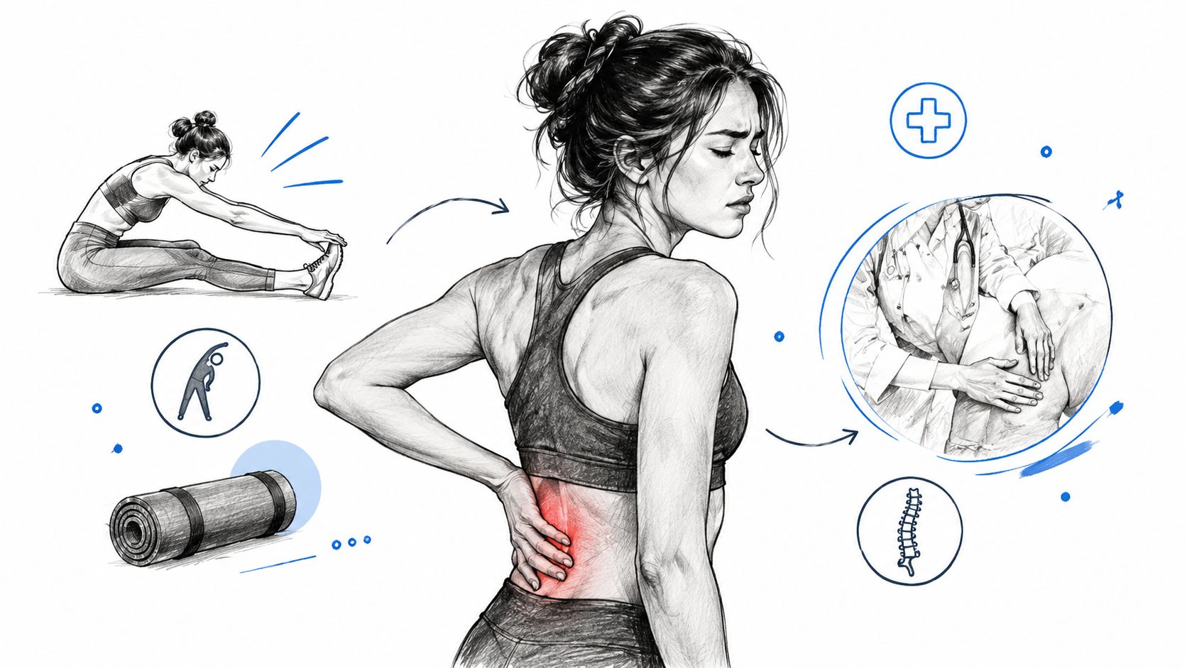 A sketched illustration showing a woman with lower back pain, physical stretches, and a chiropractor examination.