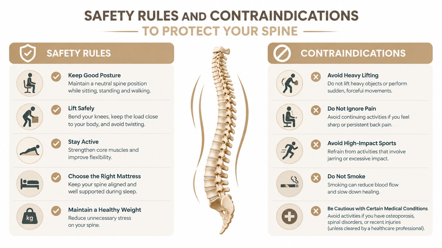 A detailed infographic titled Safety Rules and Contraindications outlining spine protection advice and warnings for spinal health.
