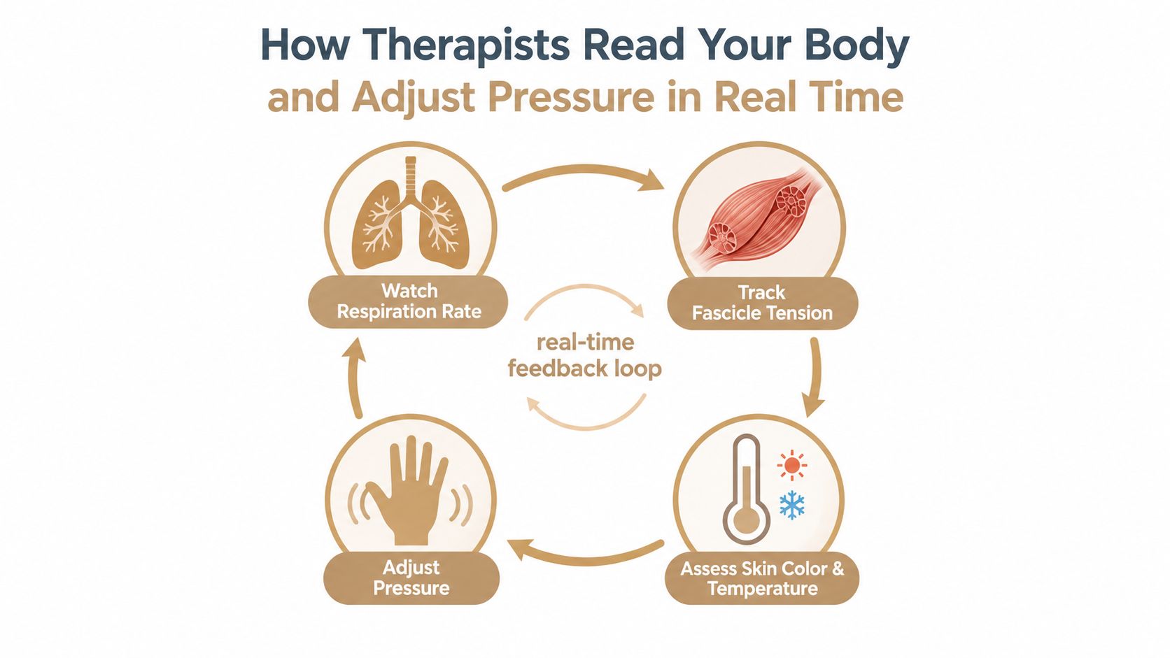 A diagram illustrating a real-time feedback loop showing how massage therapists monitor bodily signals to adjust pressure.