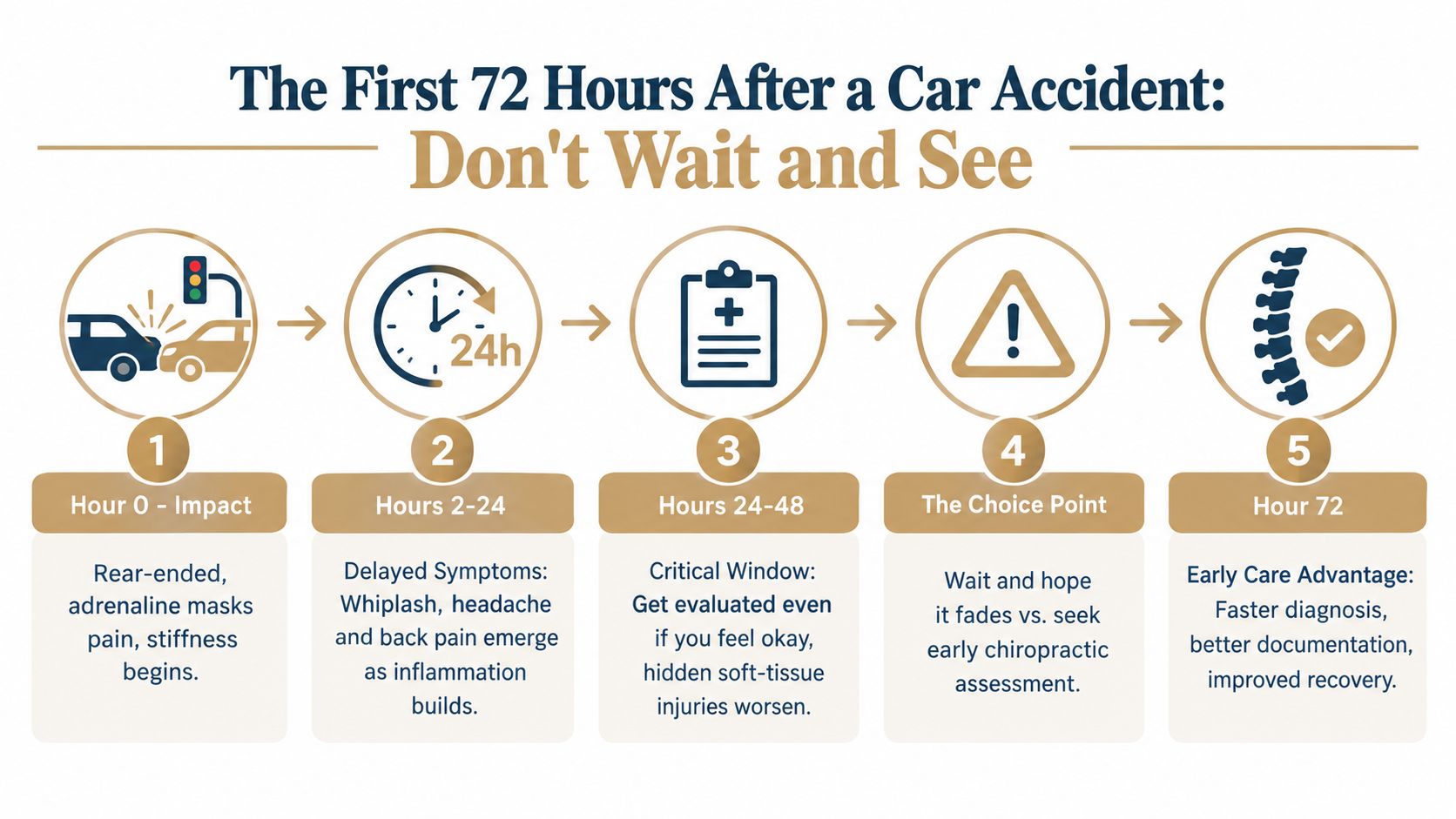 A flowchart detailing the five essential steps and timeline for medical care after a car accident.