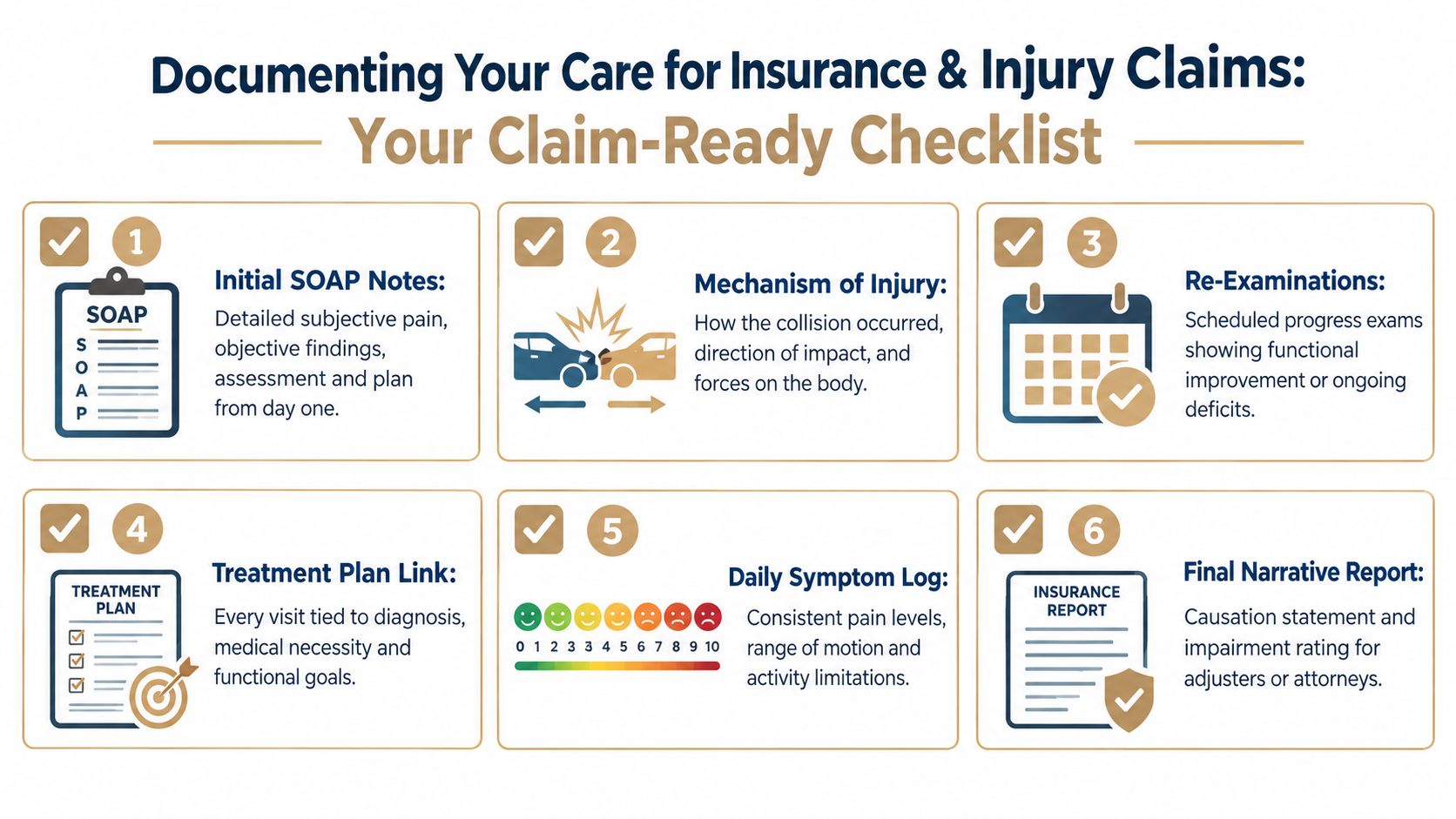 A six-step infographic detailing essential documentation needed for insurance and injury claims after a car accident.
