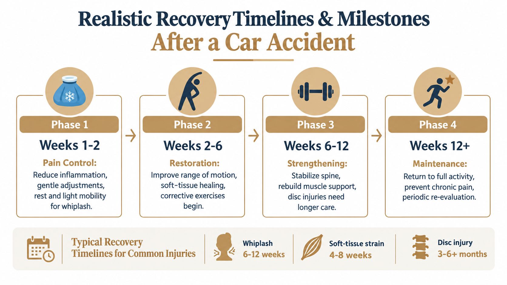 An infographic showing a four-phase recovery timeline for common car accident injuries like whiplash and strains.