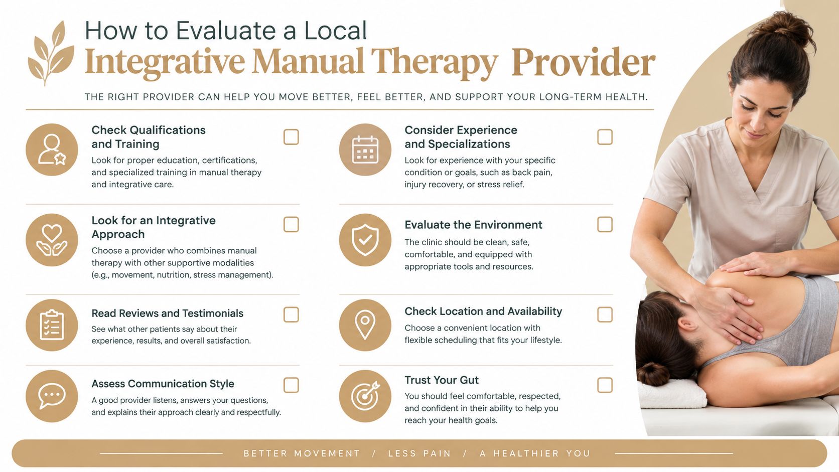 An infographic detailing eight key tips for choosing a professional integrative manual therapy healthcare provider.