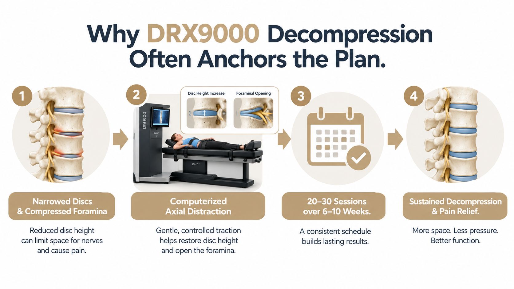 A four-step infographic explaining how DRX9000 spinal decompression therapy restores disc height and provides pain relief.