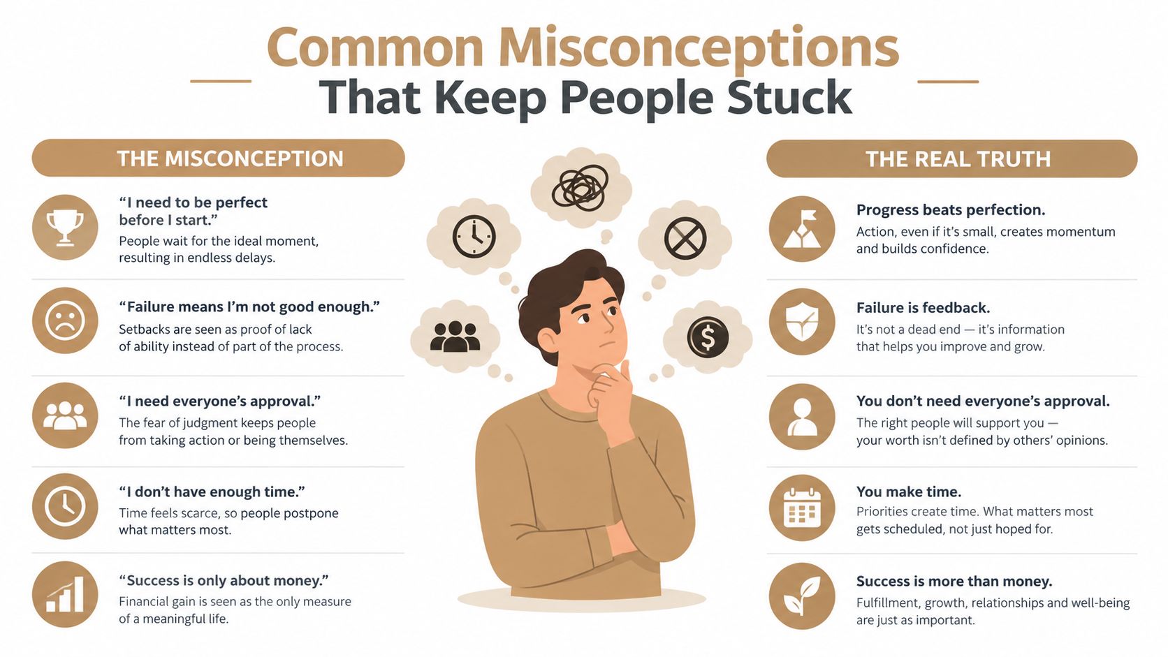A chart comparing common misconceptions that hinder progress with the corresponding real-world truths for personal growth.