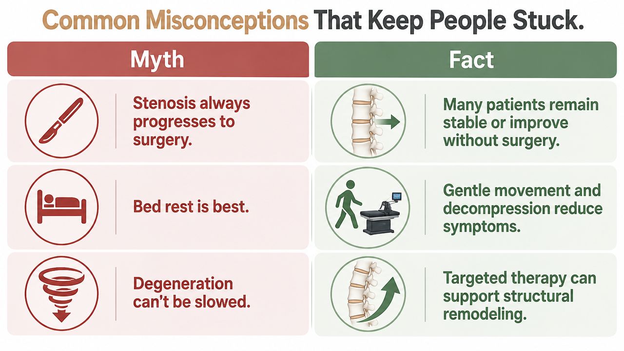 A chart showing common myths versus medical facts about managing and treating spinal stenosis conditions.