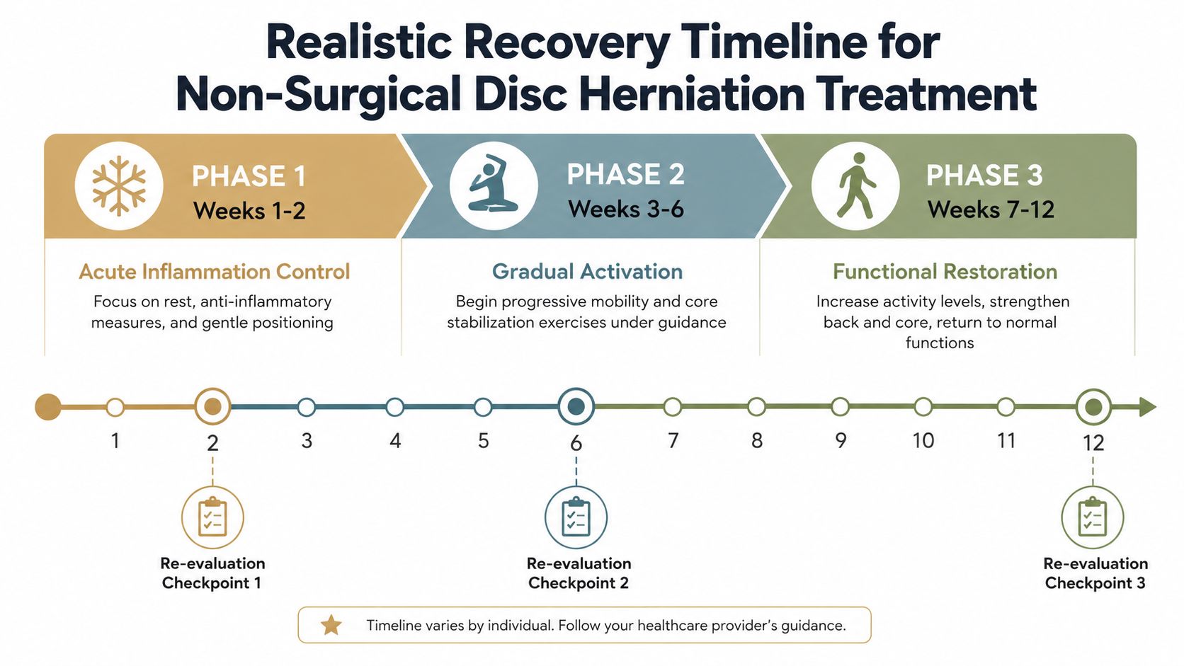 A recovery timeline for non-surgical disc herniation treatment, outlining three phases from weeks 1 through 12.