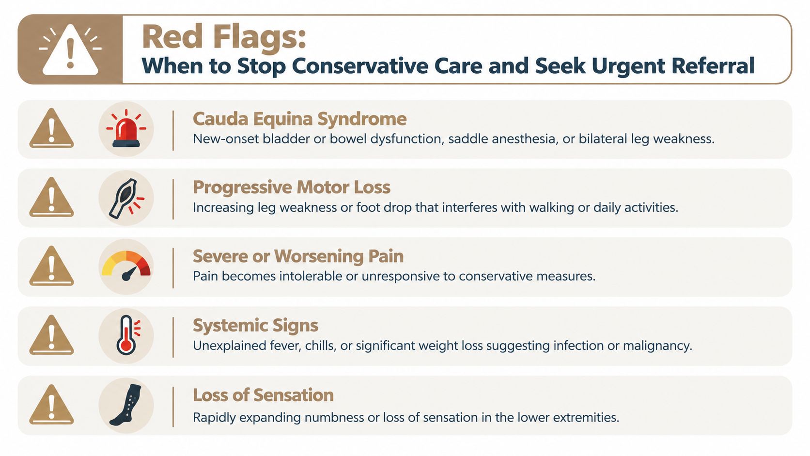 A list of medical red flags indicating when to seek urgent care for spinal conditions.