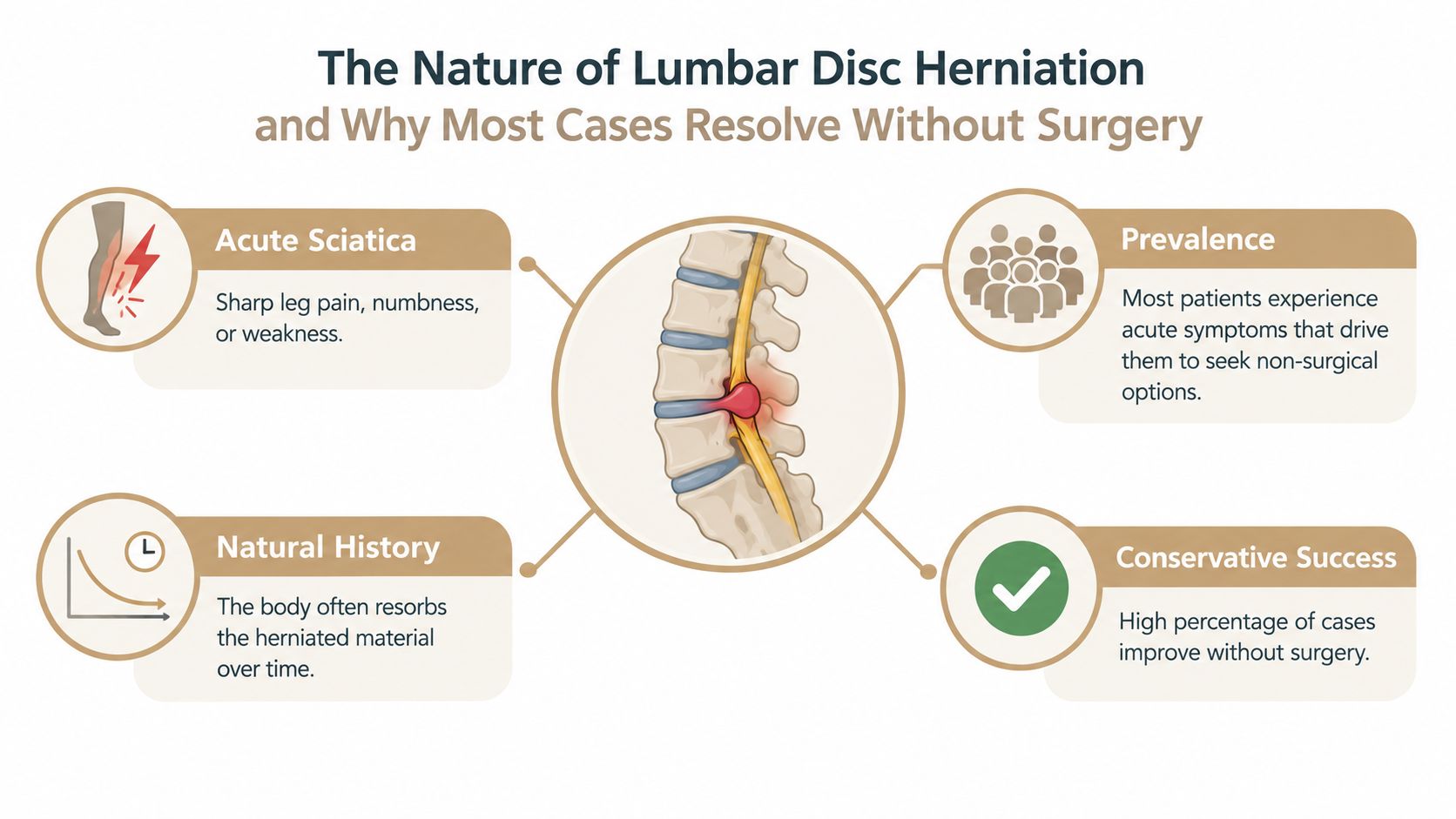 An infographic explaining how most lumbar disc herniations naturally heal over time without requiring invasive surgery.
