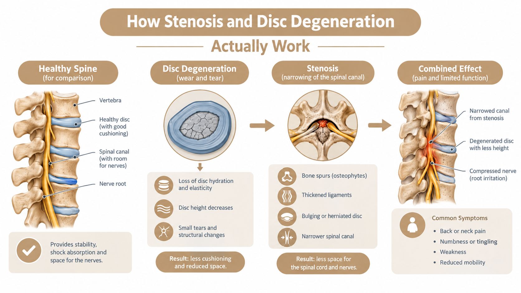 An infographic illustrating the progression from a healthy spine to spinal stenosis and degenerative disc disease.