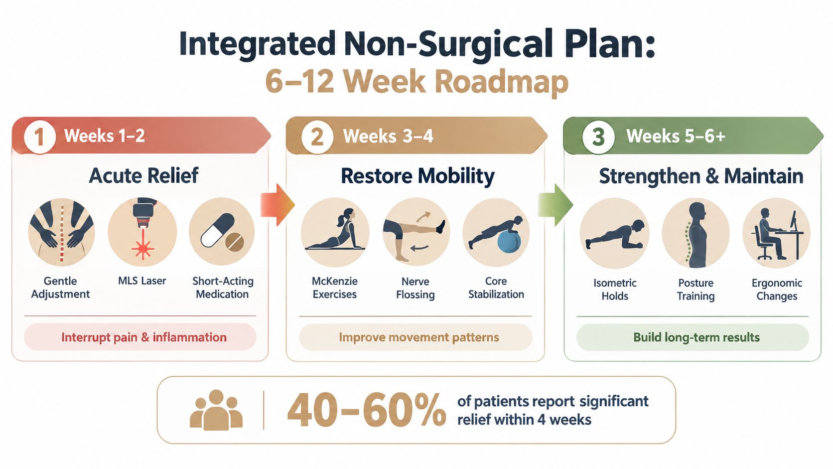 A roadmap for a 6 to 12 week non-surgical integrated plan to manage spinal health and pain.