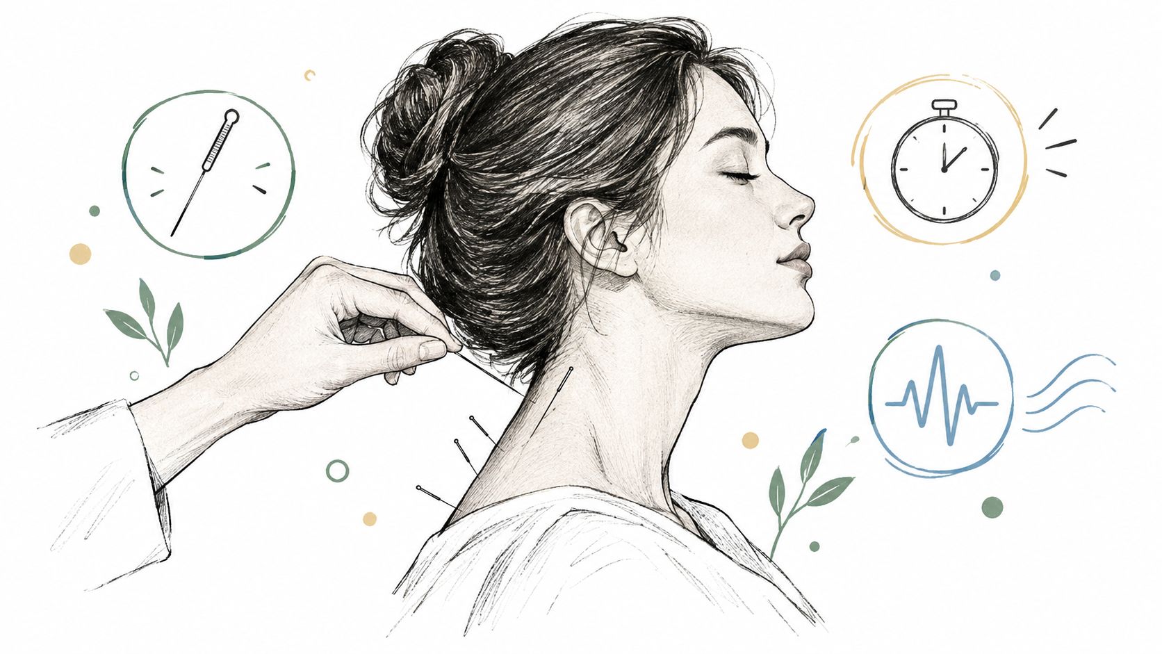 A pencil sketch of a woman receiving acupuncture treatment on her neck, accompanied by healing-related medical icons.