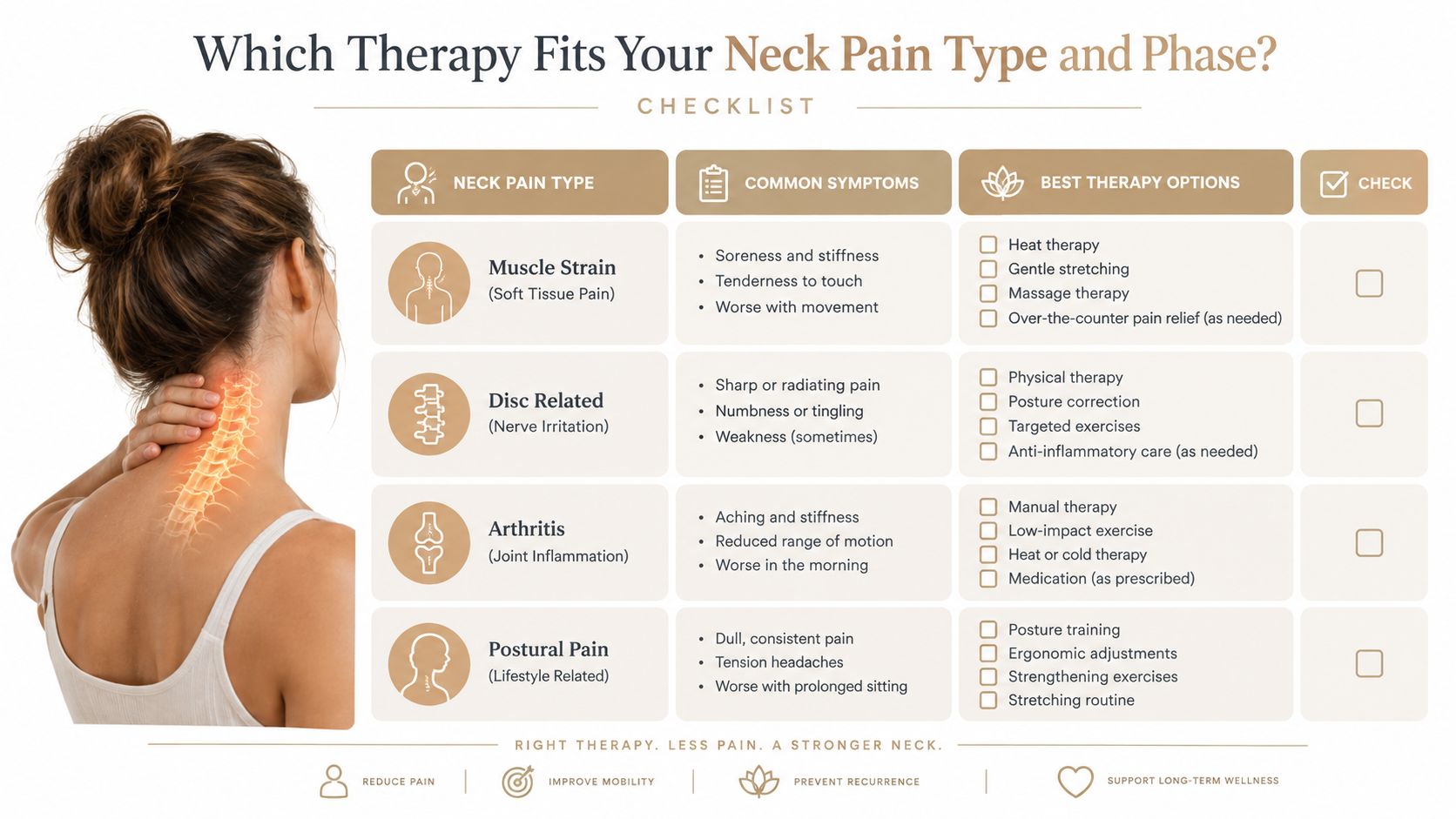 A checklist infographic illustrating therapy options for different types of neck pain, including muscle strain and arthritis.