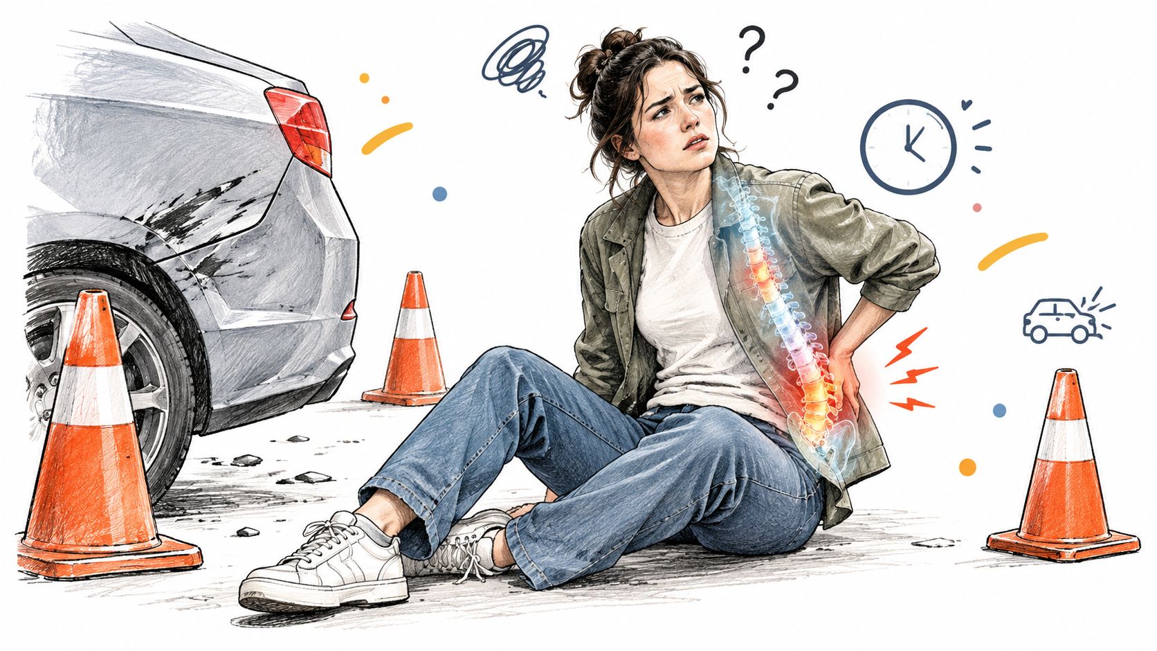 A woman sits injured on the ground near a damaged car, depicting spinal pain after an accident.