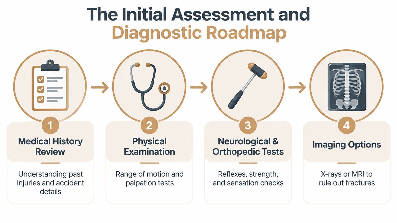 A diagnostic roadmap infographic outlining the four steps of an initial chiropractic patient assessment and examination process.