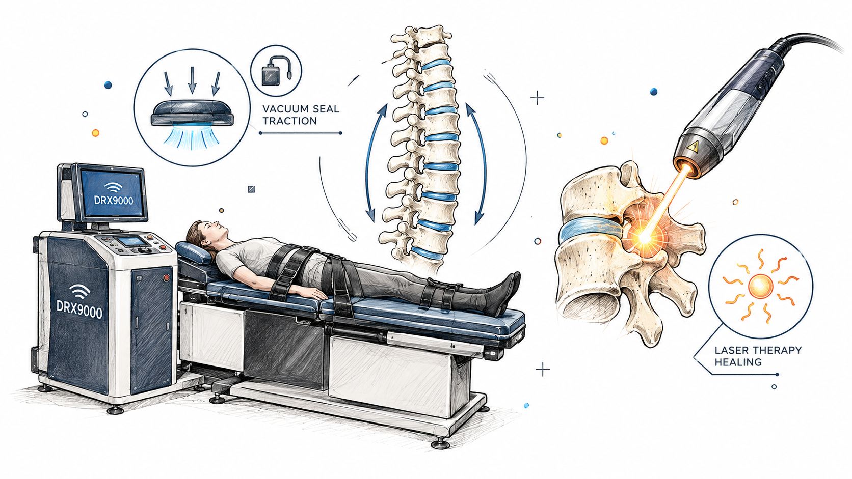 A diagram illustrating spinal decompression and laser therapy treatments for patients using a DRX9000 clinical machine.
