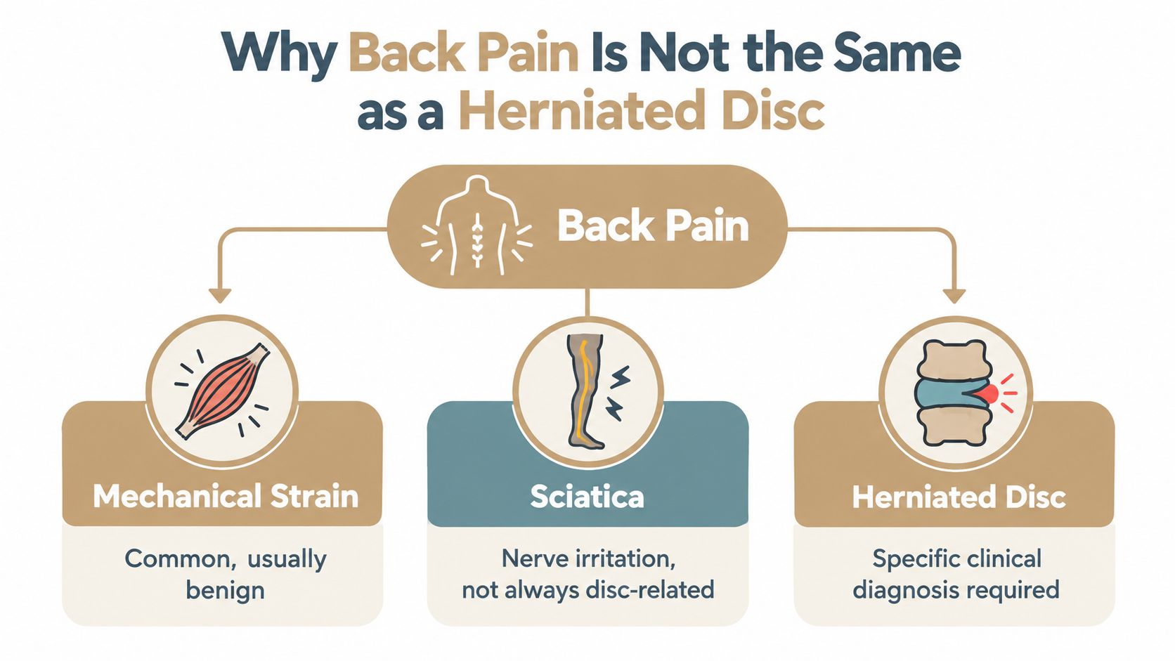 A diagnostic flowchart explaining that back pain is not always a herniated disc, including mechanical strain and sciatica.