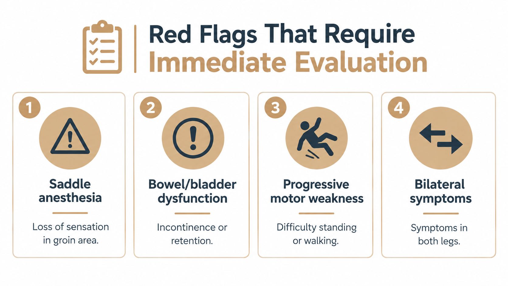 A graphic listing four red flag symptoms of a herniated disc that require immediate medical evaluation.