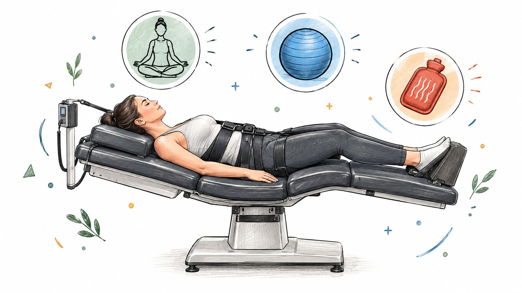 A woman receiving spinal decompression therapy on a clinical table with health and wellness icons above her.