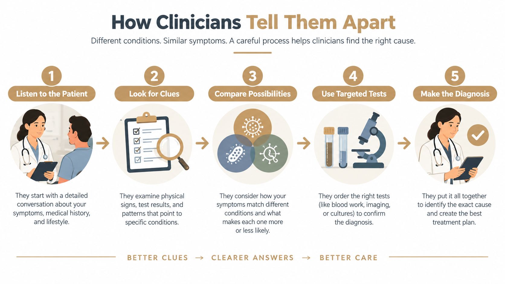 A flow chart illustrating the five-step medical diagnostic process clinicians use to identify and treat patient conditions.