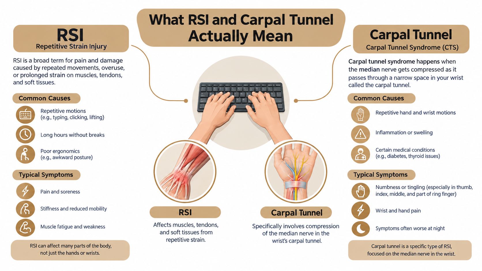 An infographic comparing repetitive strain injury and carpal tunnel syndrome with their respective causes and typical symptoms.