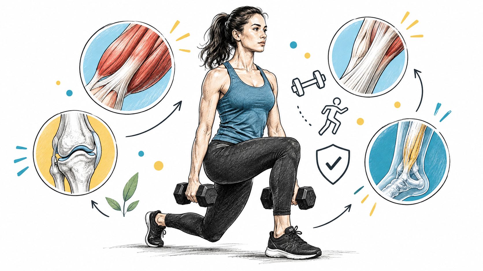 A woman performing a lunge exercise with dumbbells, illustrated with anatomical diagrams highlighting joints and muscle health.