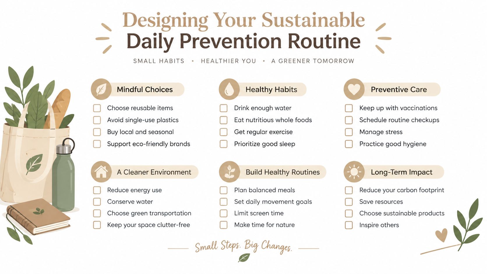 A checklist for a sustainable daily prevention routine including healthy habits and mindful environmental choices for wellness.