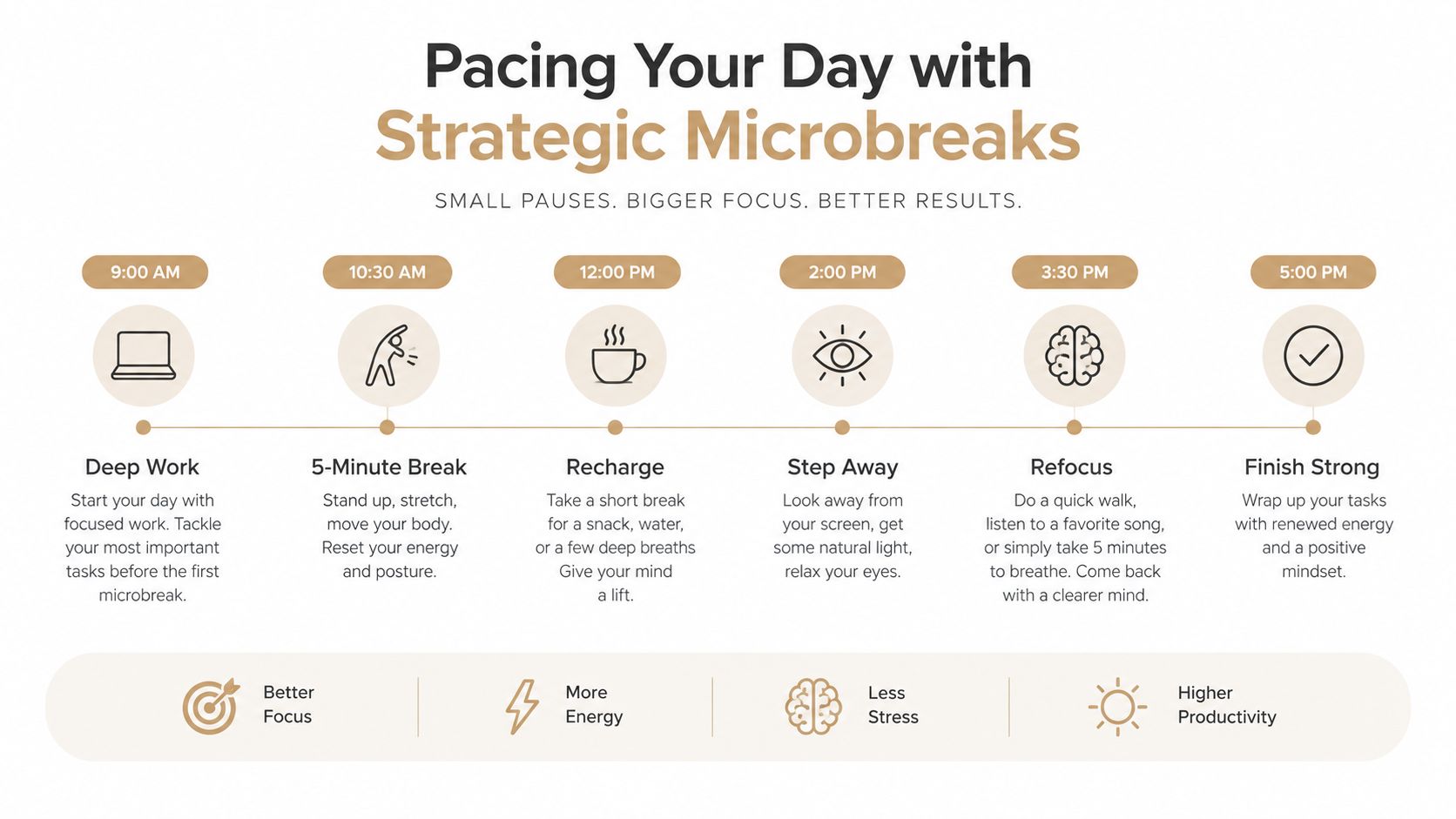 An infographic showing a schedule for strategic microbreaks throughout the workday to improve focus and productivity.