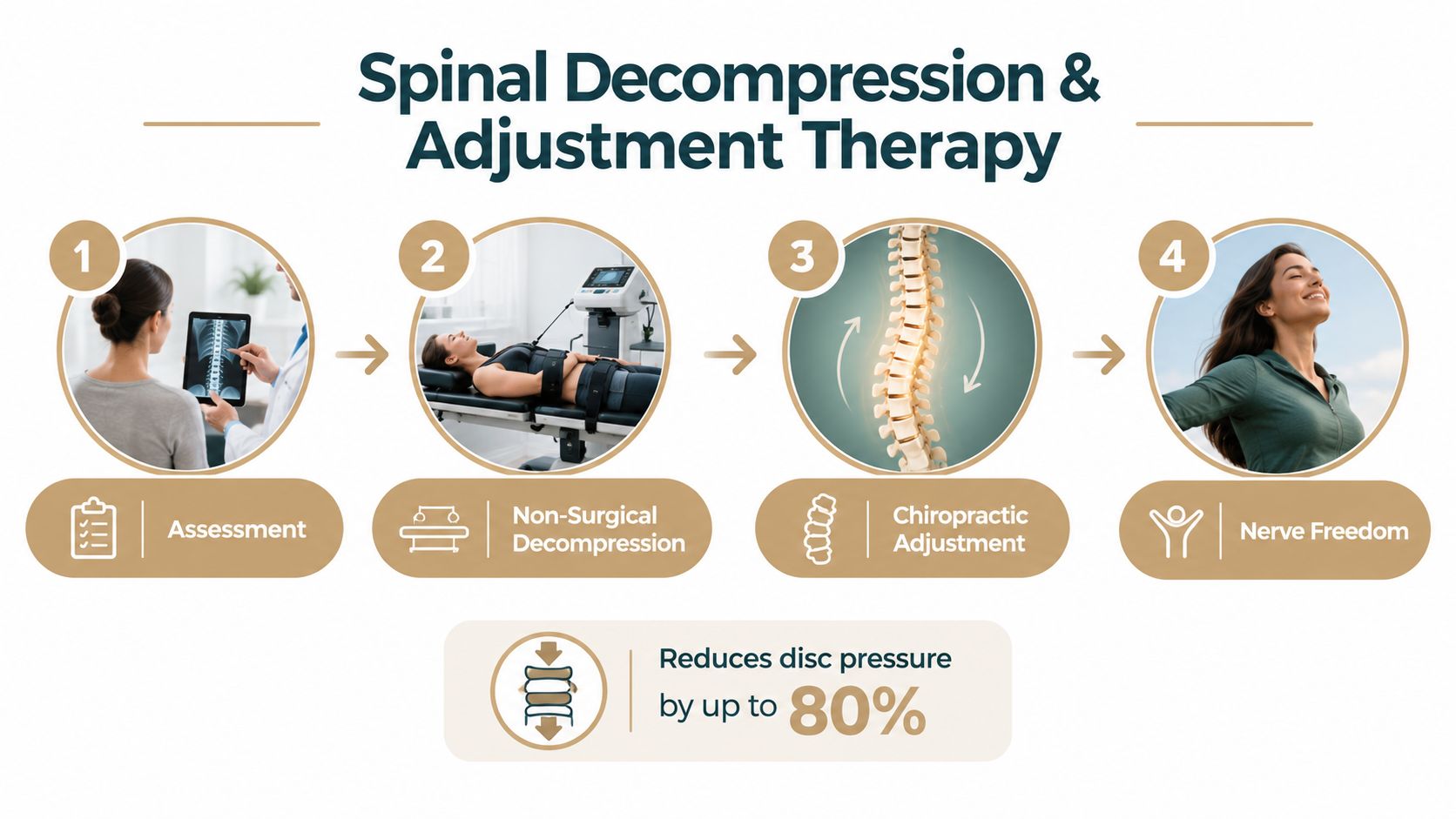 A four-step infographic illustrating the process of spinal decompression and adjustment therapy for pain relief.