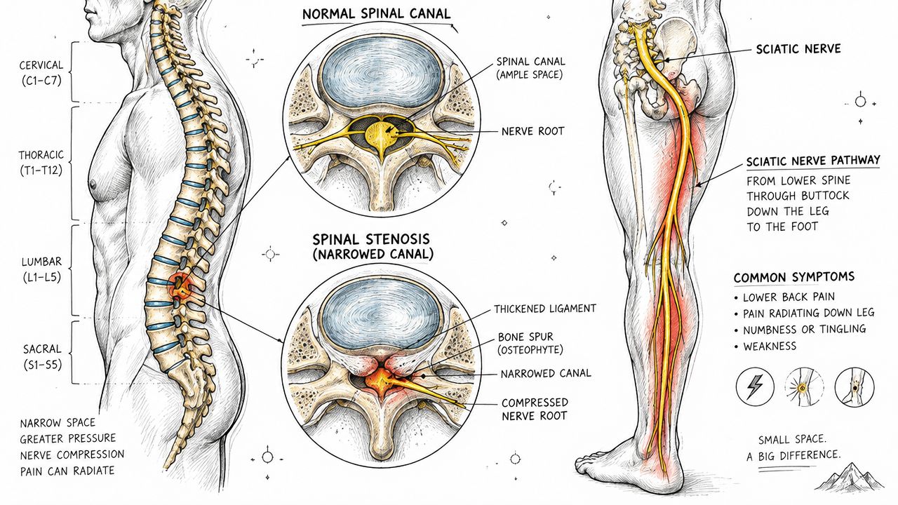 A detailed medical diagram showing spinal stenosis and the sciatic nerve pathway causing leg pain symptoms.