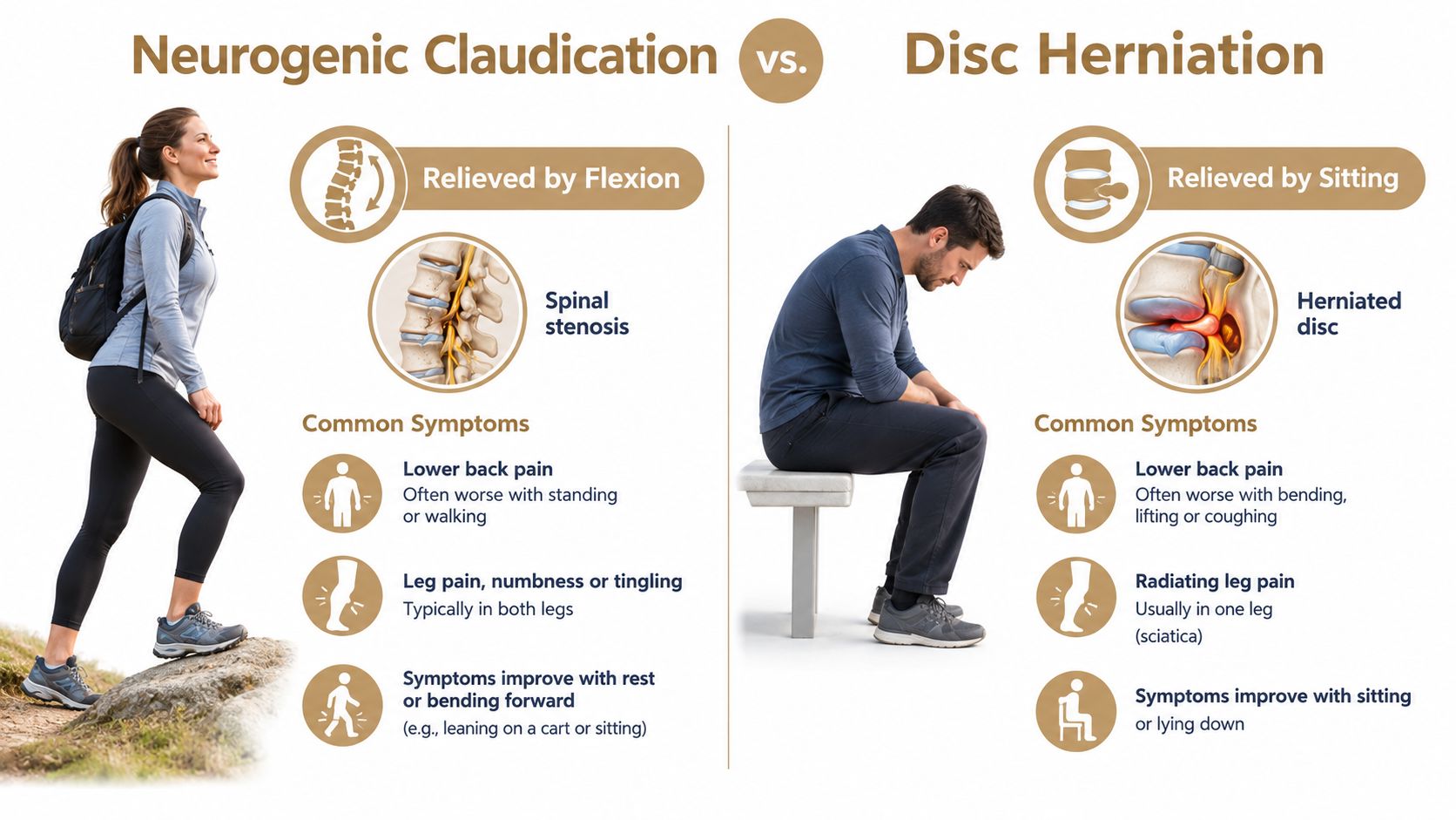 A comparison chart showing differences in causes and symptoms between neurogenic claudication and a herniated disc.
