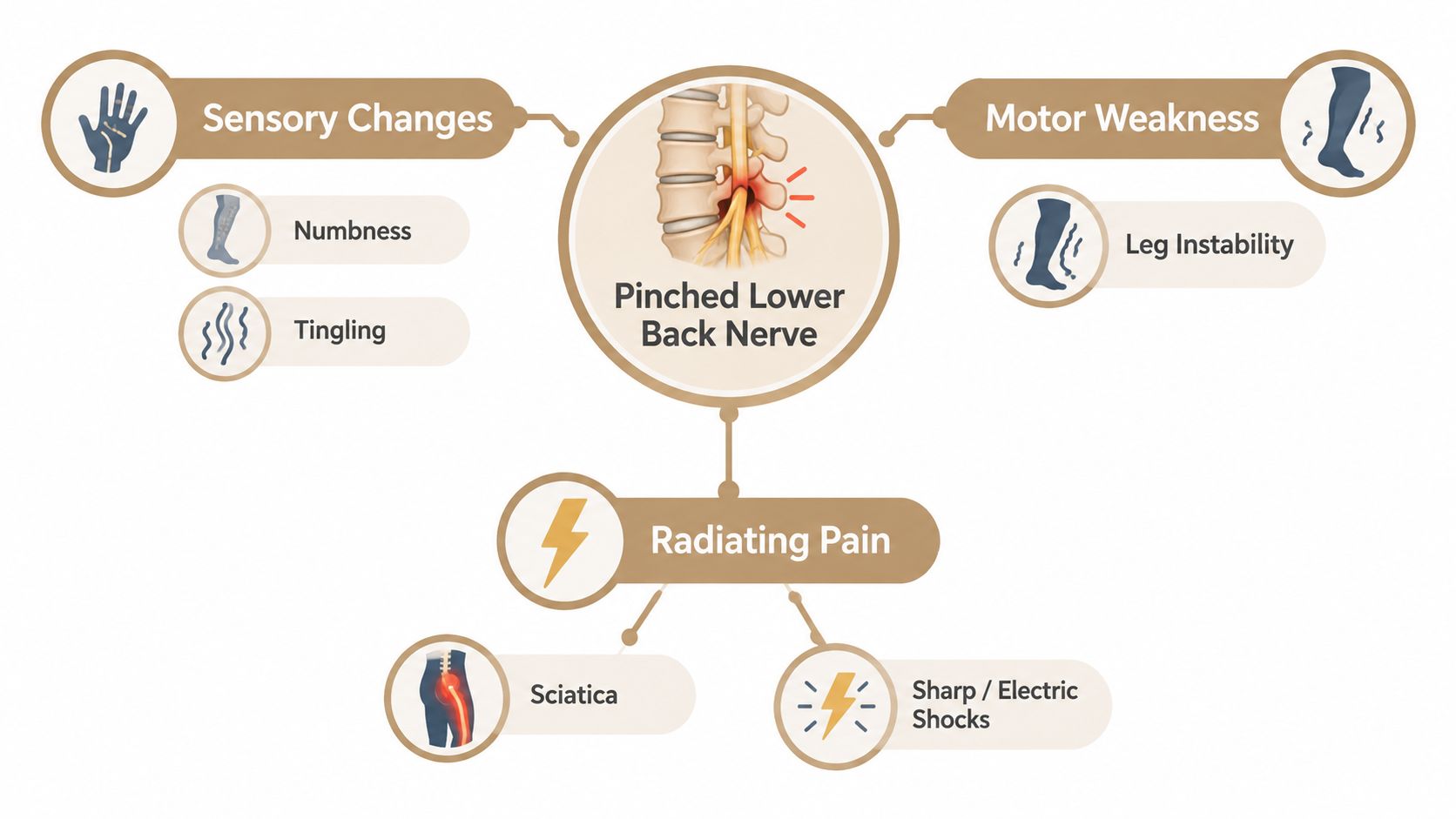 A diagram illustrating common symptoms of a pinched nerve in the lower back, including pain and weakness.
