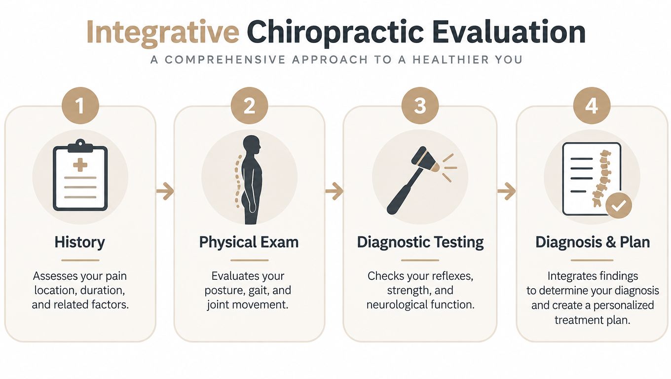 A four-step infographic illustrating the integrative chiropractic evaluation process, including patient history, physical exam, diagnostic testing, and treatment planning.