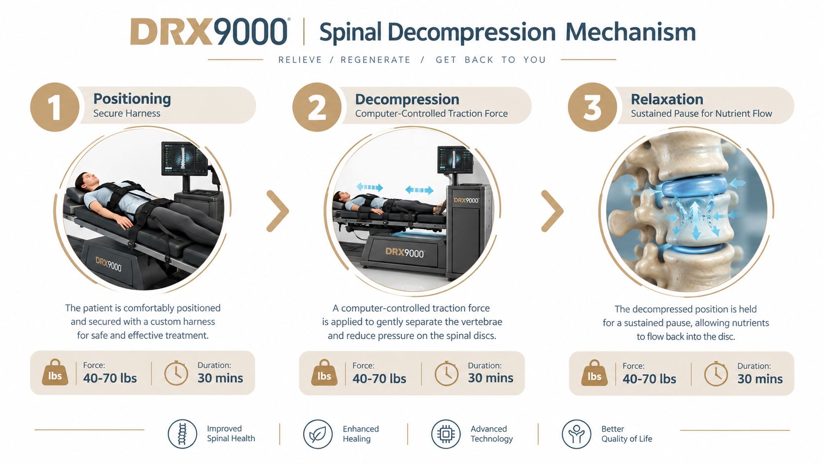 A diagram illustrating the three-step DRX9000 spinal decompression process for treating pinched nerves in the lower back.