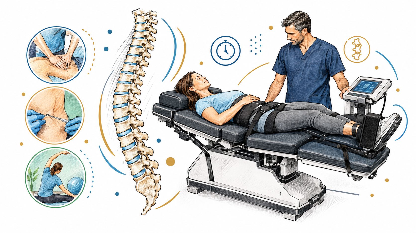 A medical professional treating a patient with a spinal traction machine alongside therapeutic exercises and manual therapy.