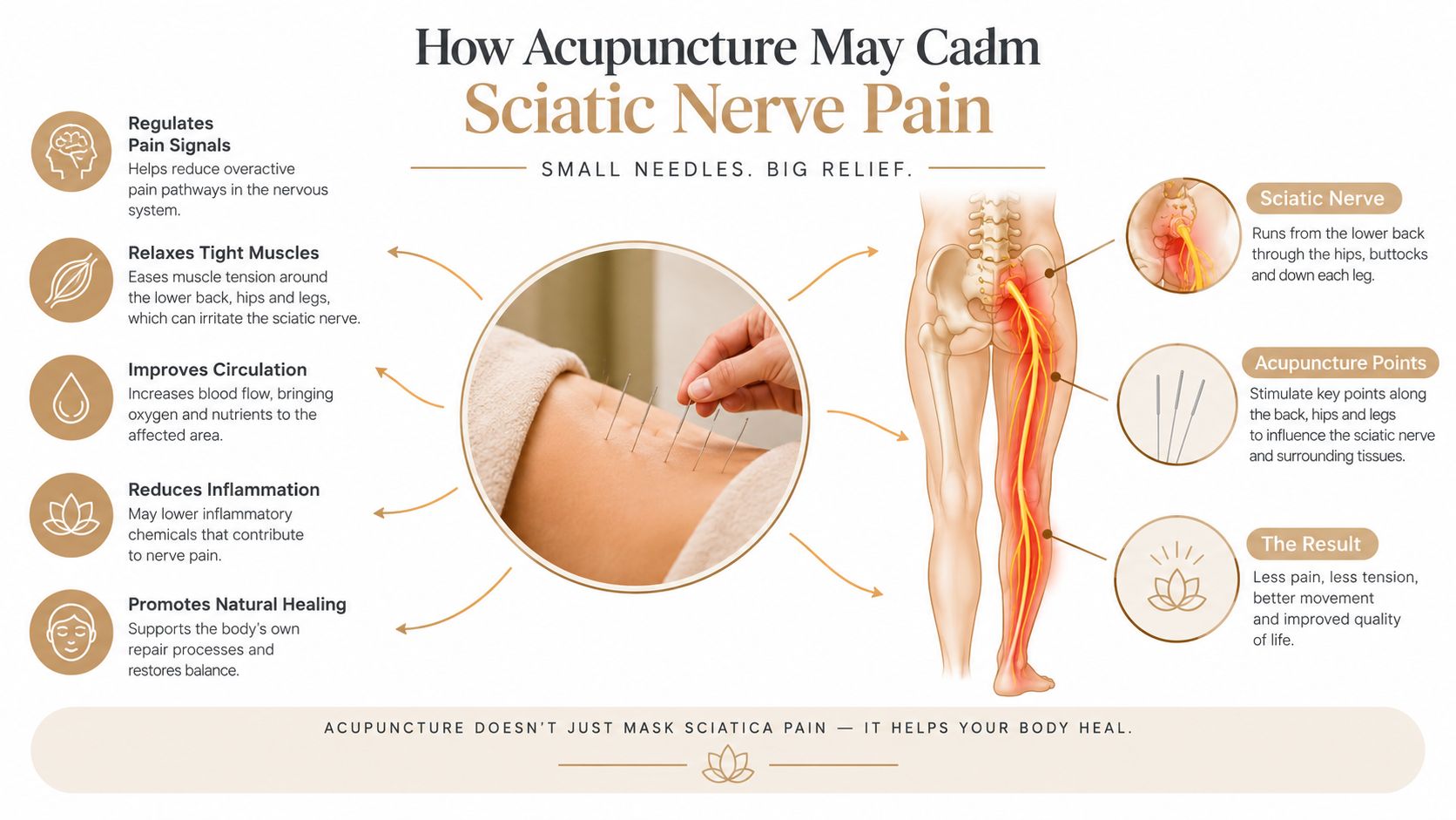 An infographic illustrating how acupuncture treats sciatic nerve pain by reducing inflammation and promoting natural healing.