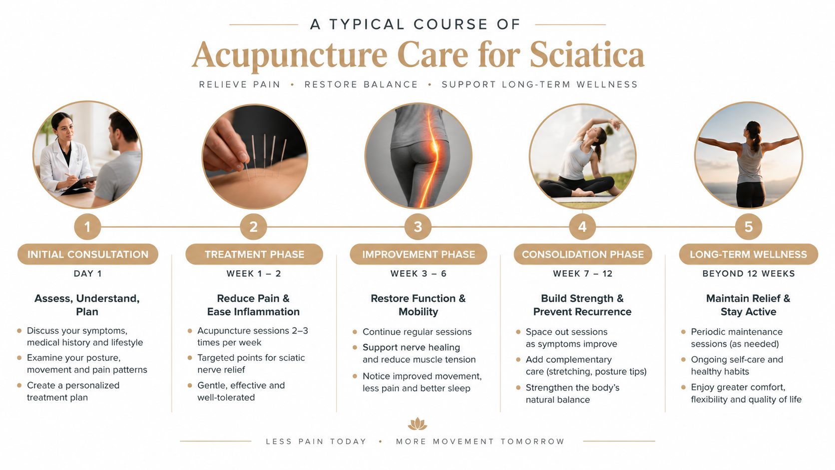 A five-step infographic showing a typical course of acupuncture care for managing and treating sciatica pain.