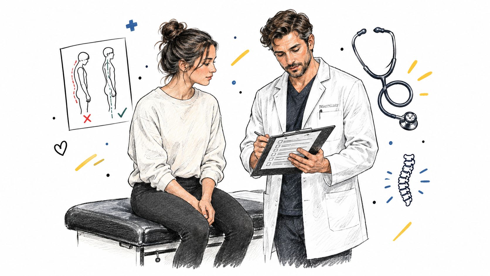 A female patient sitting on an examination table while a male chiropractor reviews her posture chart.