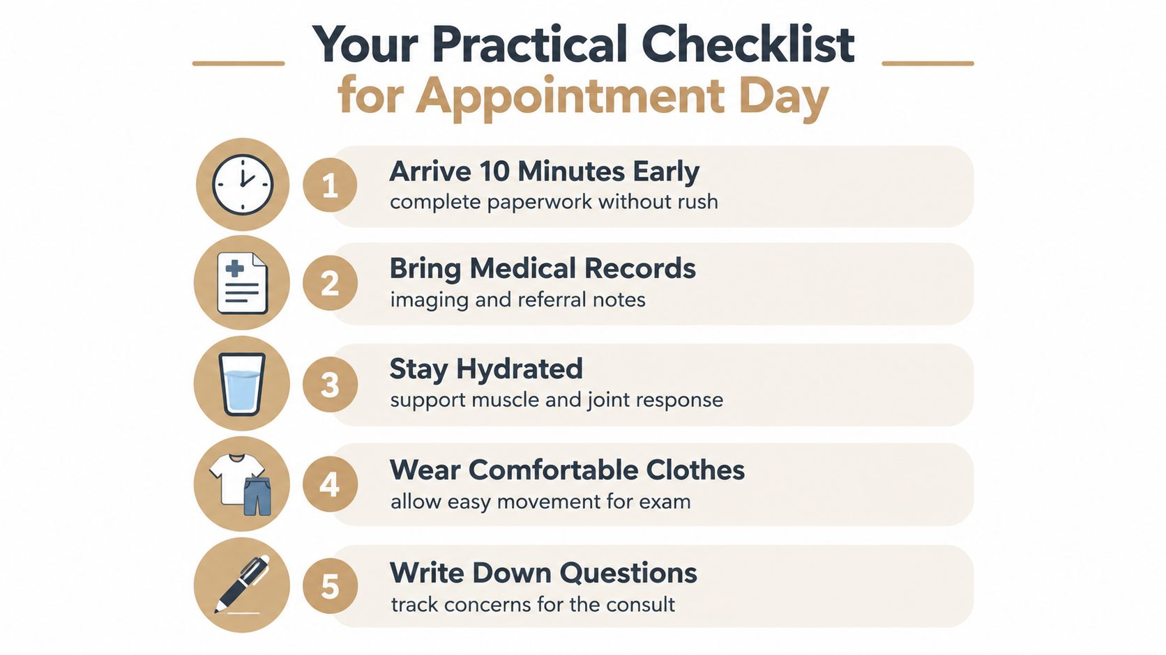 A five-step checklist for a medical appointment day including tips like arriving early and bringing records.