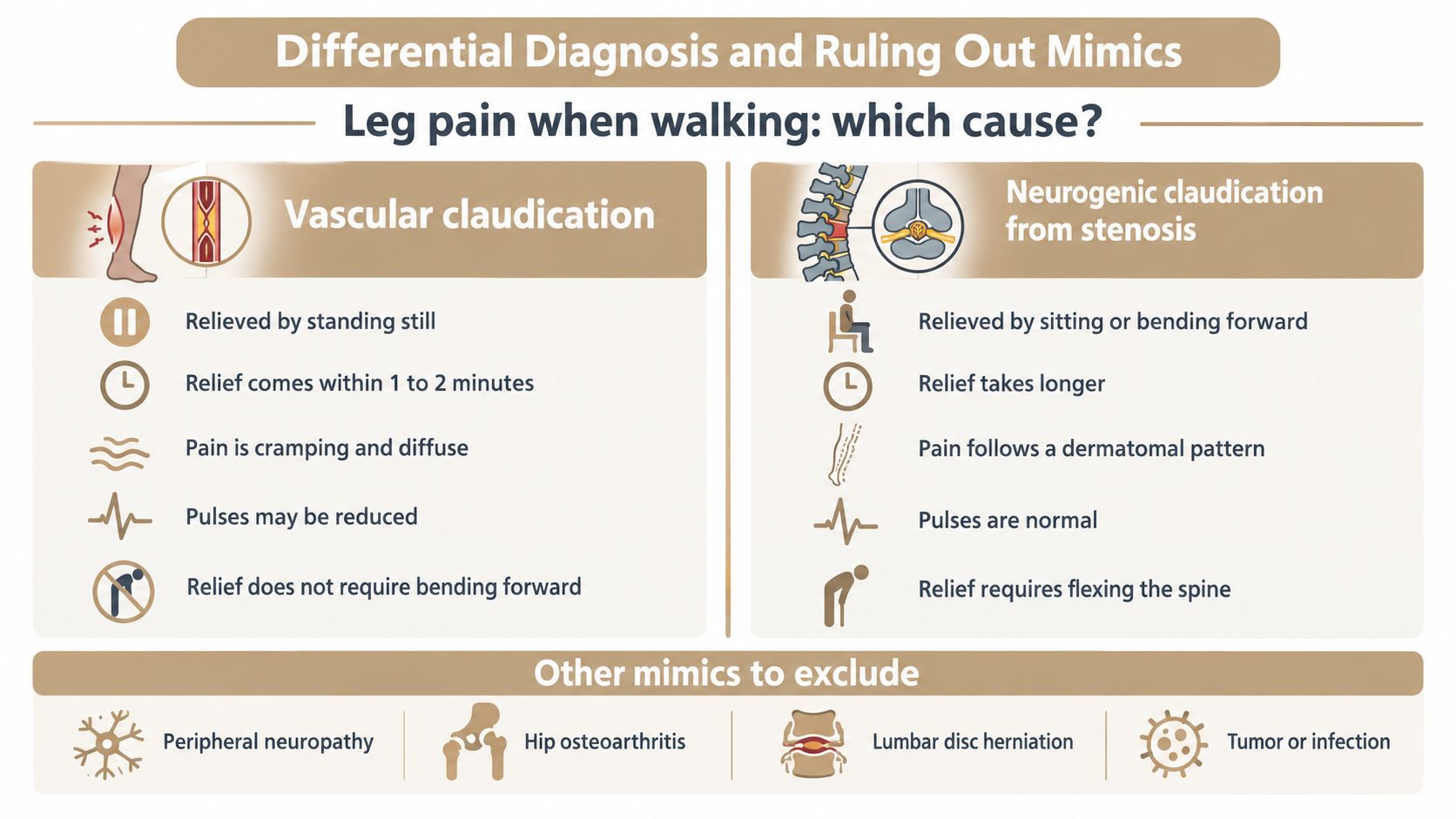 A diagnostic infographic comparing vascular claudication symptoms against neurogenic claudication caused by lumbar spinal stenosis.