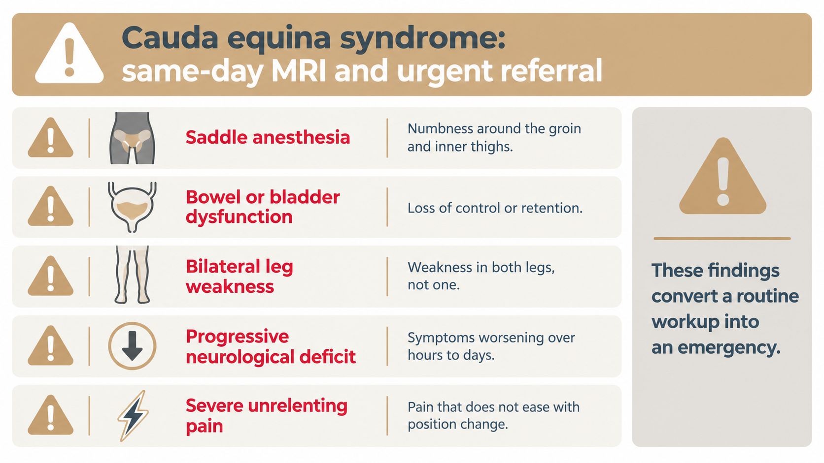 A medical infographic listing key emergency symptoms of Cauda equina syndrome requiring immediate MRI and specialist referral.
